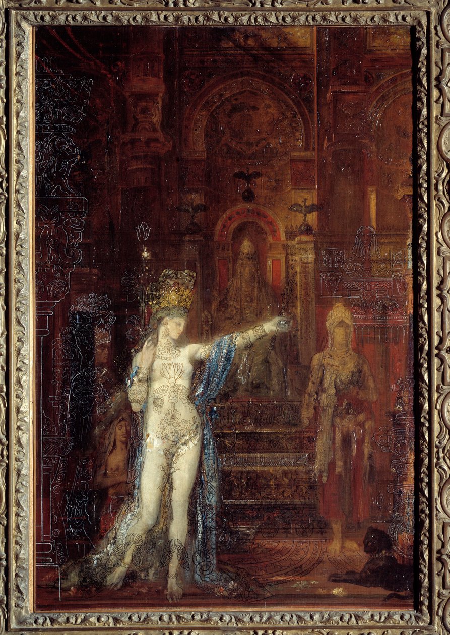 Salomen tatuointi. Salome tanssii Herodeksen juhlan salissa. Korkeammalla valtaistuimella istuva Herodes kiehtoo taikurin kauneutta. Gustave Moreaun (1826-1898) maalaus tekijältä Gustave Moreau