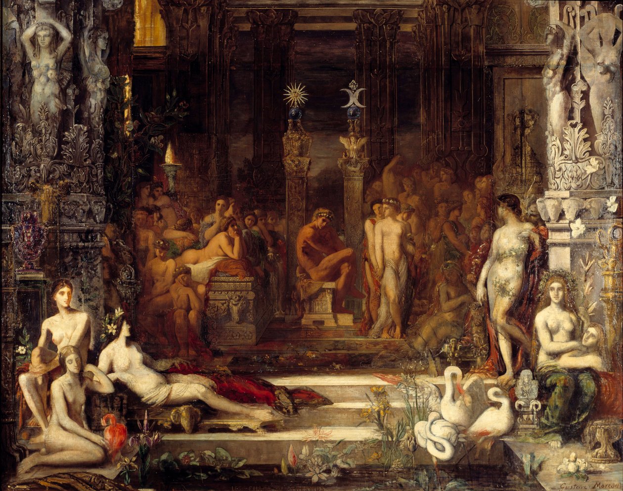 Thespioksen tyttäreillä kuningas Thespios oli viisikymmentä tytärtä, jotka hän halusi yhdistää Herakleen (Hercules), edustajan keskelle, niin että he kaikki saivat hänestä lapsen. Gustave Moreaun (1826-1898) maalaus Dim. 2,5x2,5 m Pariisi, museo Gustave Mo tekijältä Gustave Moreau