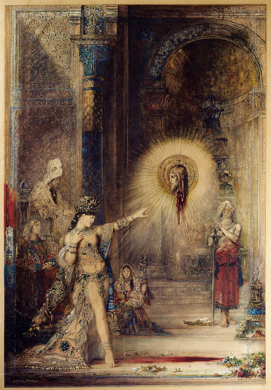 Jean Baptisten La tete decollee esiintyy tanssija Salomen edessä Herodes I Suuren (73-4 eKr.) hovissa. Gustave Moreaun (1826-1898) akvarelli 1876 Su. 1,06 x 0,72 m. Pariisi, Musee d
