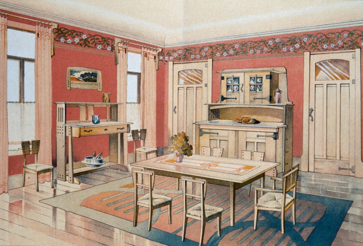 Art nouveau -ruokasalisuunnittelu tekijältä Gustave Serrurier Bovy