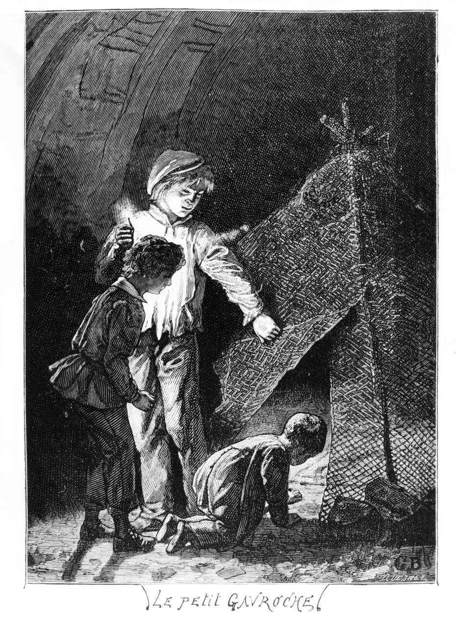 Gavroche ja hänen kaksi veljeään Bastille-elefantissa, kuva Les Miserables (1845-62), Victor Hugo (1802-85), c. 1885 tekijältä Gustave after Brion