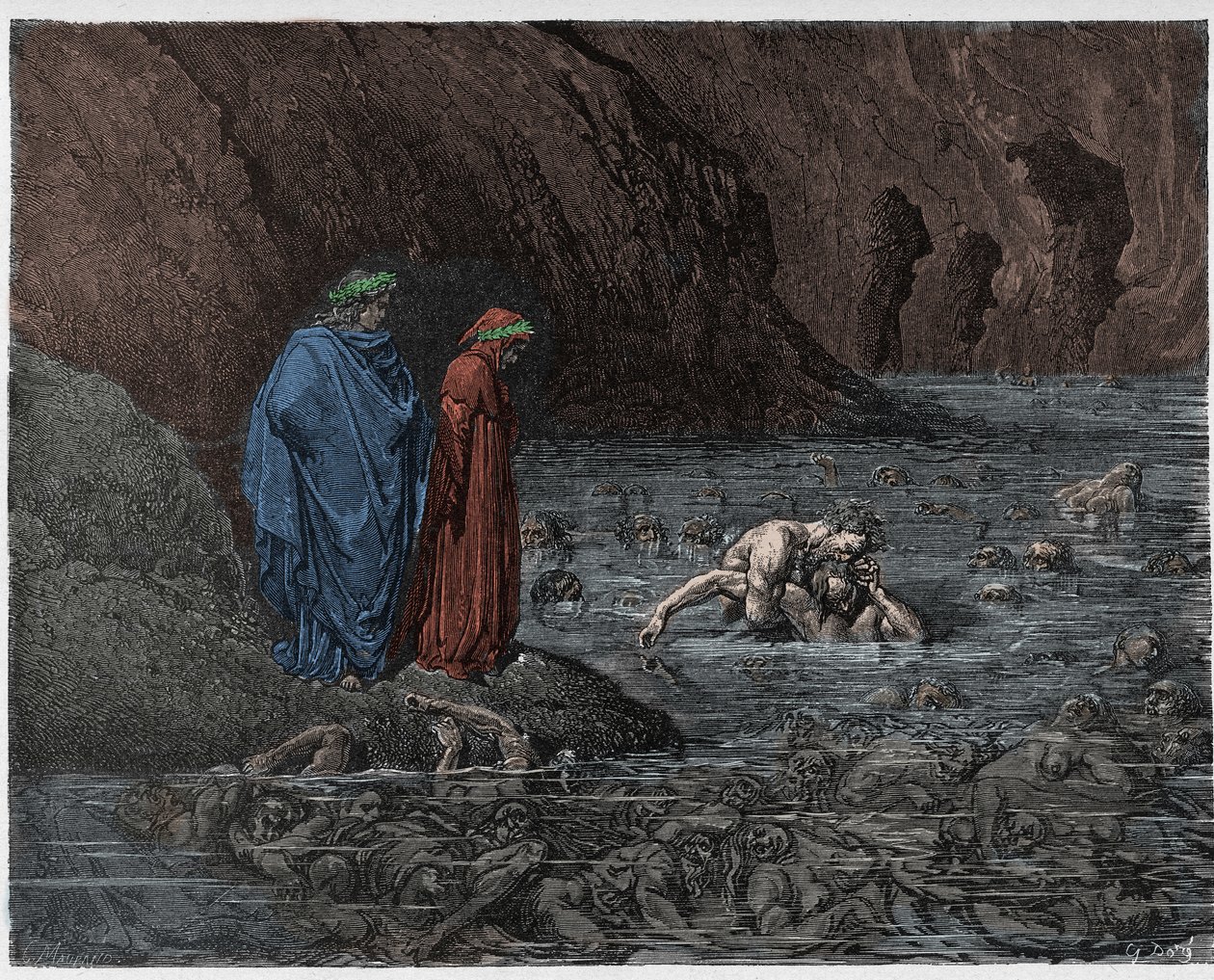 Inferno, laulu 32 : Ugolino (Ugolin della Gherardesca) jyrsii arkkipiispa Ruggierin (Ruggeri Ubaldini) päätä, kuvitus Dante Alighierin teoksesta Jumalainen komedia, 1885 (digitaalisesti väritetty e tekijältä Gustave after Dore