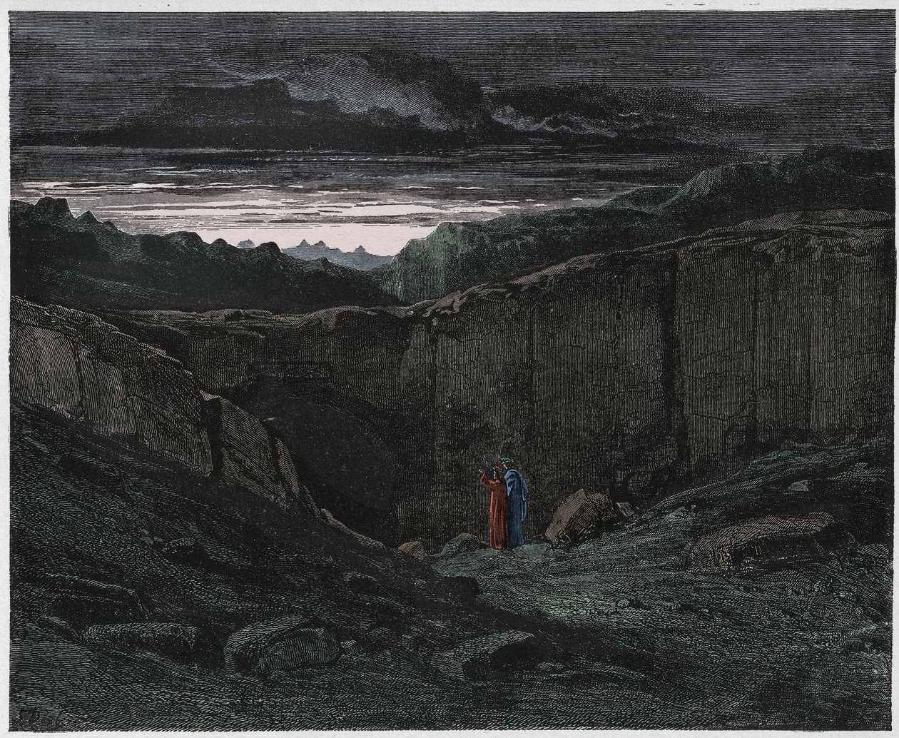 Inferno, Canto 3: Vergilius ja Dante helvetin porteilla, kuvitus Dante Alighierin jumalallisesta komediasta, 1885 (digitaalivärinen kaiverrus) tekijältä Gustave after Dore