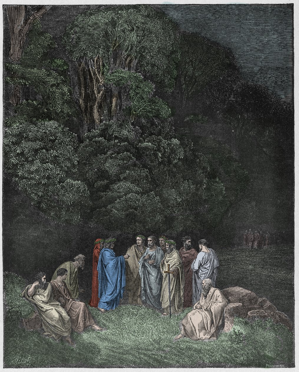Inferno, Canto 4: Homeros, runoilijat ja sankarit Limbossa, kuvitus Dante Alighierin jumalallisesta komediasta, 1885 (digitaalivärinen kaiverrus) tekijältä Gustave after Dore