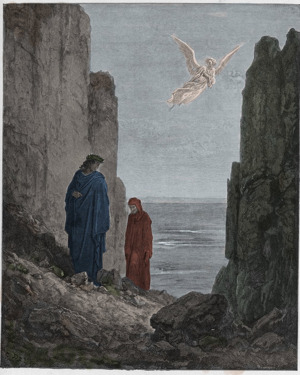 Purgatorio, laulu 19 : Runoilijat nousevat viidenteen ympyrään, kuvitus Dante Alighierin teoksesta Divine Comedy, 1885 (digitaalisesti väritetty kaiverrus). tekijältä Gustave after Dore