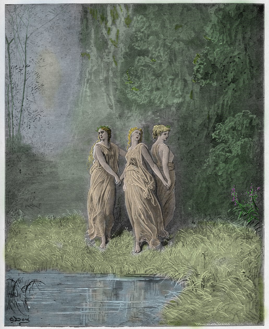 Purgatorio, Canto 29: Charity, Hope ja Faith, kuvitus Dante Alighierin jumalallisesta komediasta, 1885 (digitaalisesti värillinen kaiverrus) tekijältä Gustave after Dore
