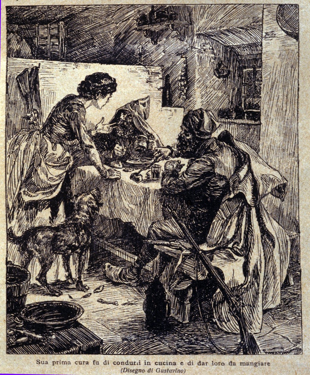 Hänen ensimmäinen huolensa oli ajaa ne keittiöön ja ruokkia... Kuvitus Prosper Merimeen kirjoittamasta uudesta "" Colombasta". Kaiverrus Gustavino (Gustavo Rosso) (1881-1950), noin 1915 tekijältä Gustavo Gustavino Rosso