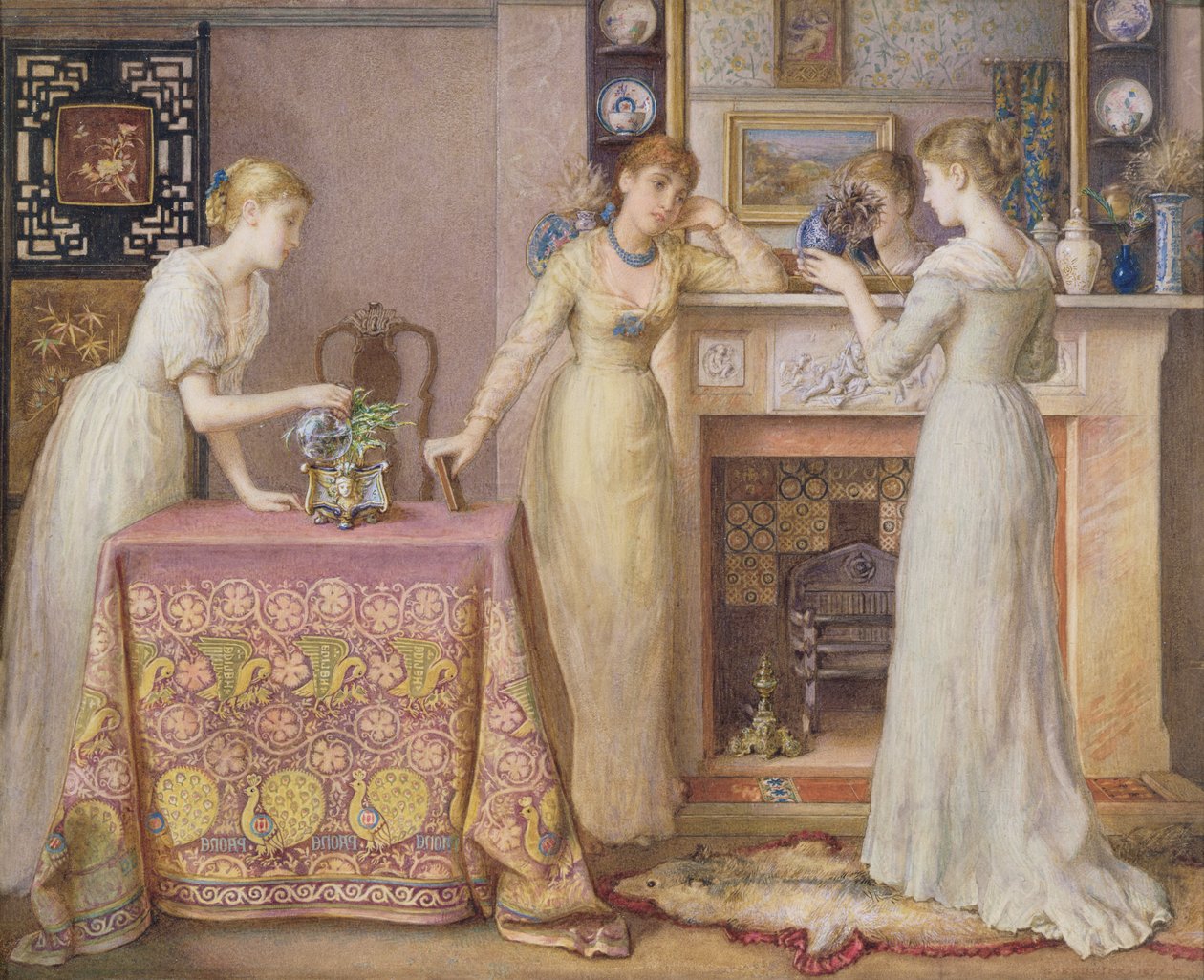 Kolme sisarta, taiteen ja käsityön esteettinen sisustus, 1877 (wc paperilla) tekijältä Gustavus Arthur Bouvier