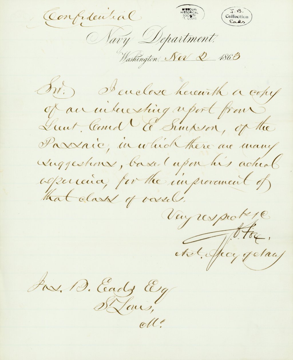 Kirje allekirjoitettu G.V. Fox, Navy Department, Washington, Jasille. B. Eads [James B. Eads], St.Louis, Mo., 2. marraskuuta 1863 tekijältä Gustavus Vasa Fox