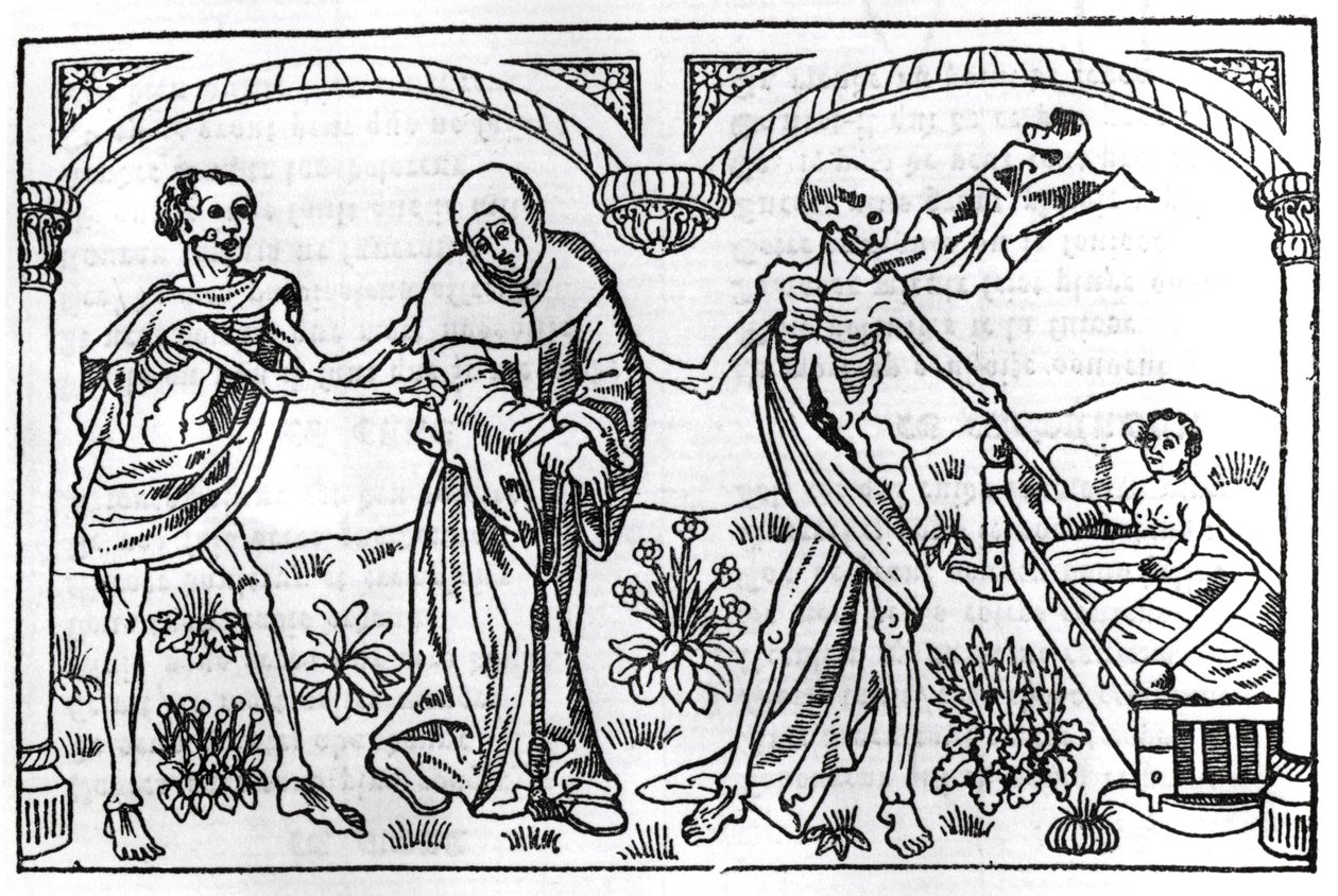 Kuolema vie kerjäläisen ja lapsen, Danse Macabresta, julkaistu Pariisi, 1485 tekijältä Guy Marchant