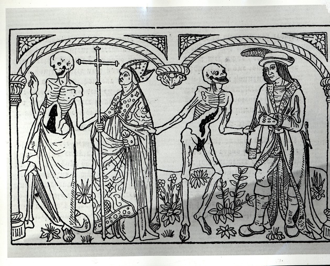 Kuolema vie piispan ja aatelisen, Danse Macabresta, julkaistu Pariisi, 1485 tekijältä Guy Marchant