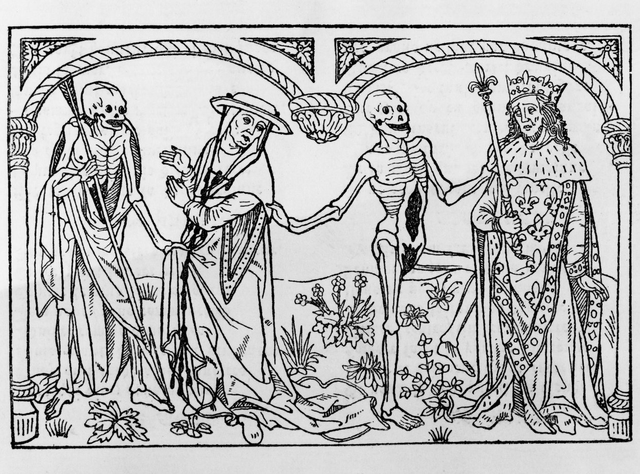 Kuolema vie kardinaalin ja kuninkaan, Danse Macabre -teoksesta, julkaistu Pariisissa, 1485 tekijältä Guy Marchant