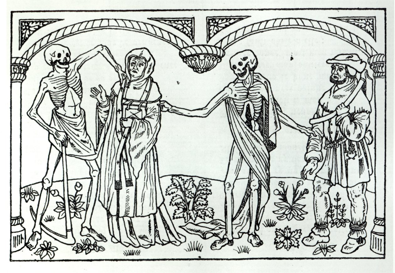Kuolema vie papin ja talonpojan, Danse Macabresta, julkaistu Pariisi, 1485 tekijältä Guy Marchant