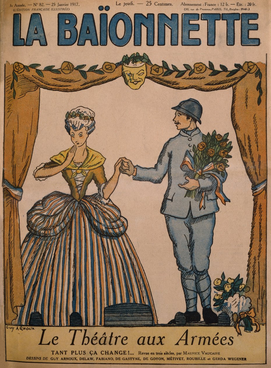 Theater for the Armies, etukannen kuvitus teoksesta "La Baionnette", nro 82, 25. tammikuuta 1917 (värilitho) tekijältä Guy Arnoux
