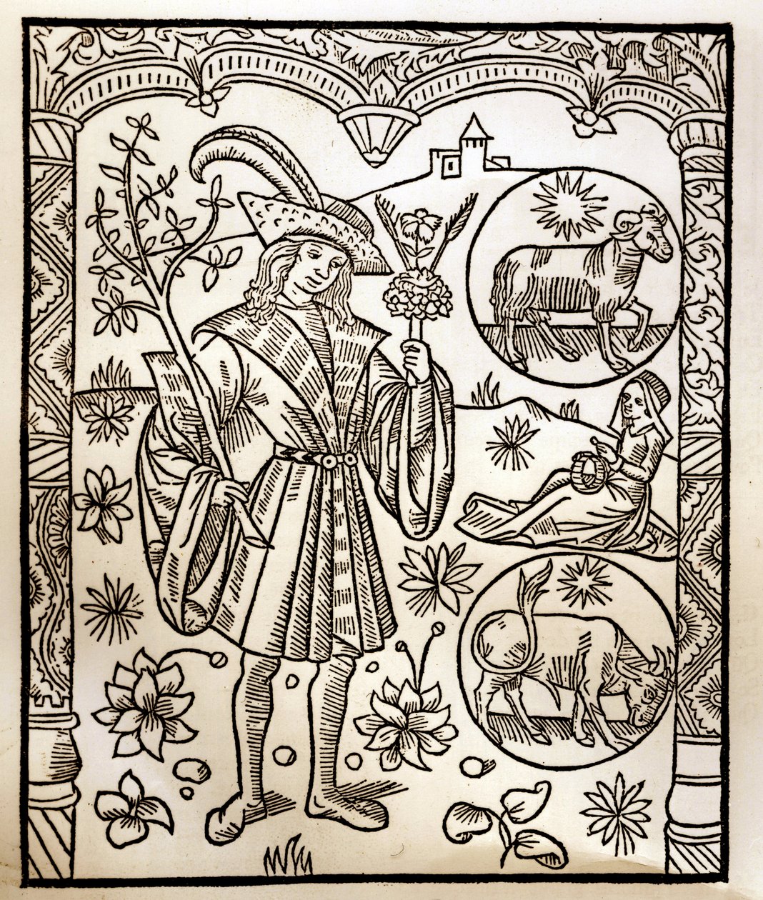 Paimenkalenteri - Kuukausien työt - Huhtikuu - Puupiirros Guy Marchantin (Guido Mercator) painamasta kirjasta vuodelta 1496 Troyesissa - Puukaiverrus kirjassa "Le grand Calendrier et compost des shepherds" - tekijältä Guy Marchant