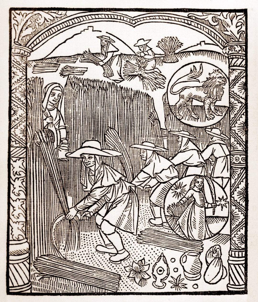 Paimenkalenteri - Kuukausien työt - Elokuu - Puupiirros Guy Marchantin (Guido Mercator) painamasta kirjasta vuodelta 1496 Troyesissa - Puukaiverrus kirjassa "Le grand Calendrier et compost des shepherds" - tekijältä Guy Marchant
