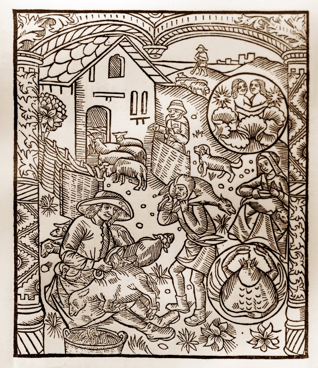 Paimenkalenteri - Kuukausien työt - Kesäkuu - Puupiirros Guy Marchantin (Guido Mercator) painamasta kirjasta vuodelta 1496 Troyesissa - Puukaiverrus kirjassa "Le grand Calendrier et compost des shepherds" - tekijältä Guy Marchant