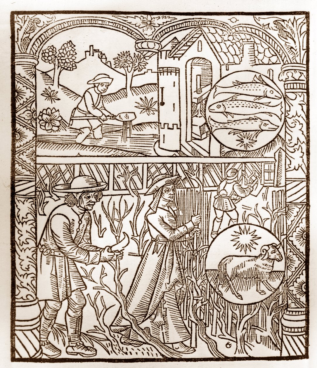Paimenkalenteri - Kuukausien työt - Maaliskuu - Puupiirros Guy Marchantin (Guido Mercator) painamasta kirjasta vuodelta 1496 Troyesissa - Puukaiverrus kirjassa "Le grand Calendrier et compost des shepherds" - tekijältä Guy Marchant