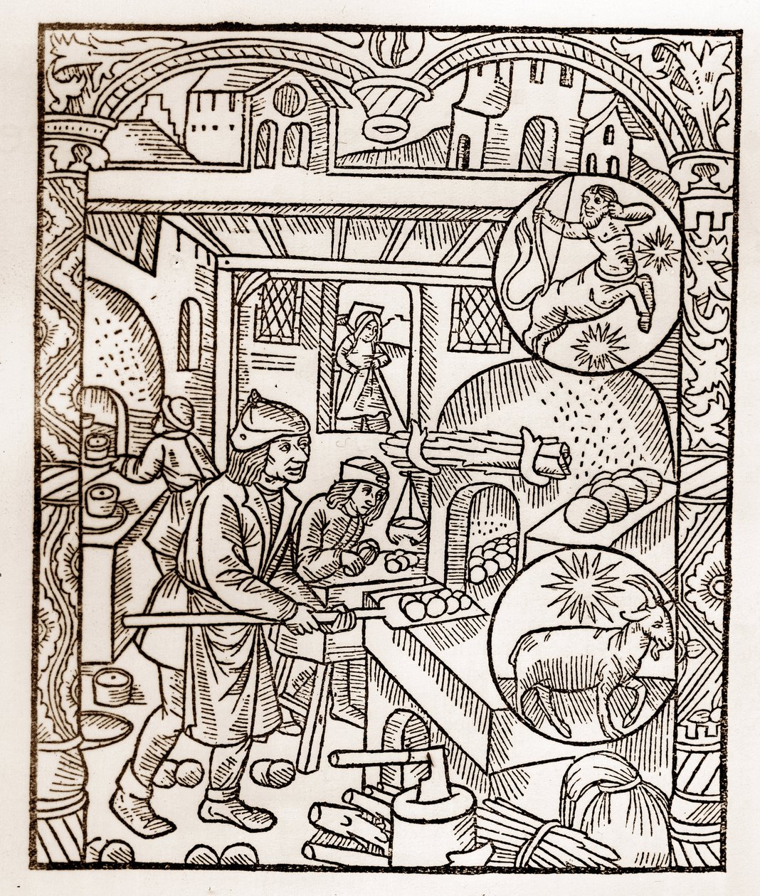 Paimenkalenteri - Kuukausien työt - marraskuu - Puupiirros Guy Marchantin (Guido Mercator) painamasta kirjasta vuodelta 1496 Troyesissa - Puukaiverrus kirjassa "" Le grand Calendrier et compost des shepherds"" - Leipäuuni - tekijältä Guy Marchant