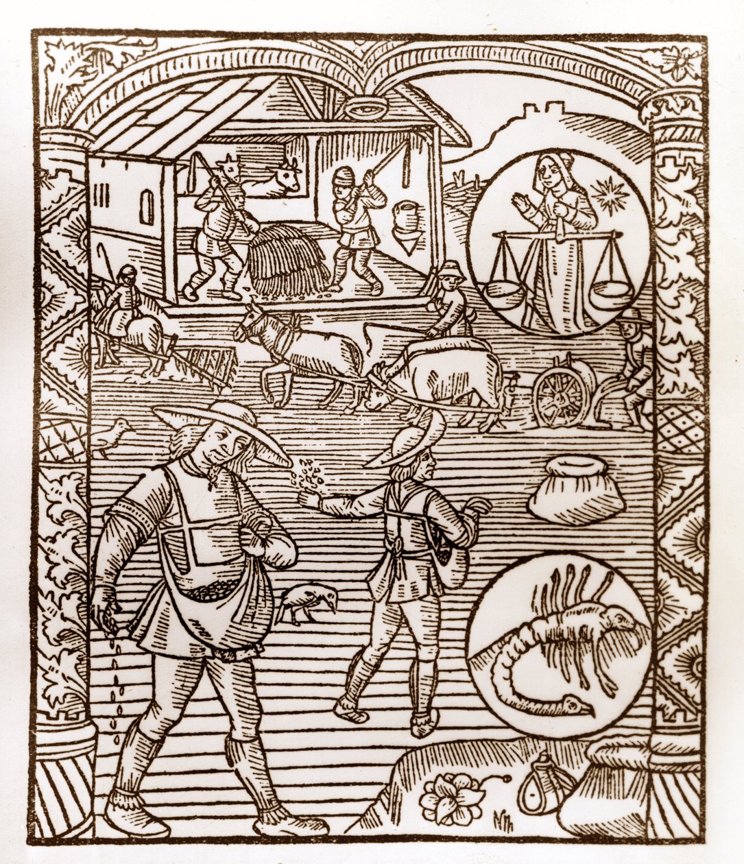 Paimenkalenteri - Kuukausien työt - syyskuu - Puupiirros Guy Marchantin (Guido Mercator) painamasta kirjasta vuodelta 1496 Troyesissa - Au premier plan, des peassans sement a la volee - Puupiirros teoksesta "Le grand Calendrier et compost des shepherds" - tekijältä Guy Marchant