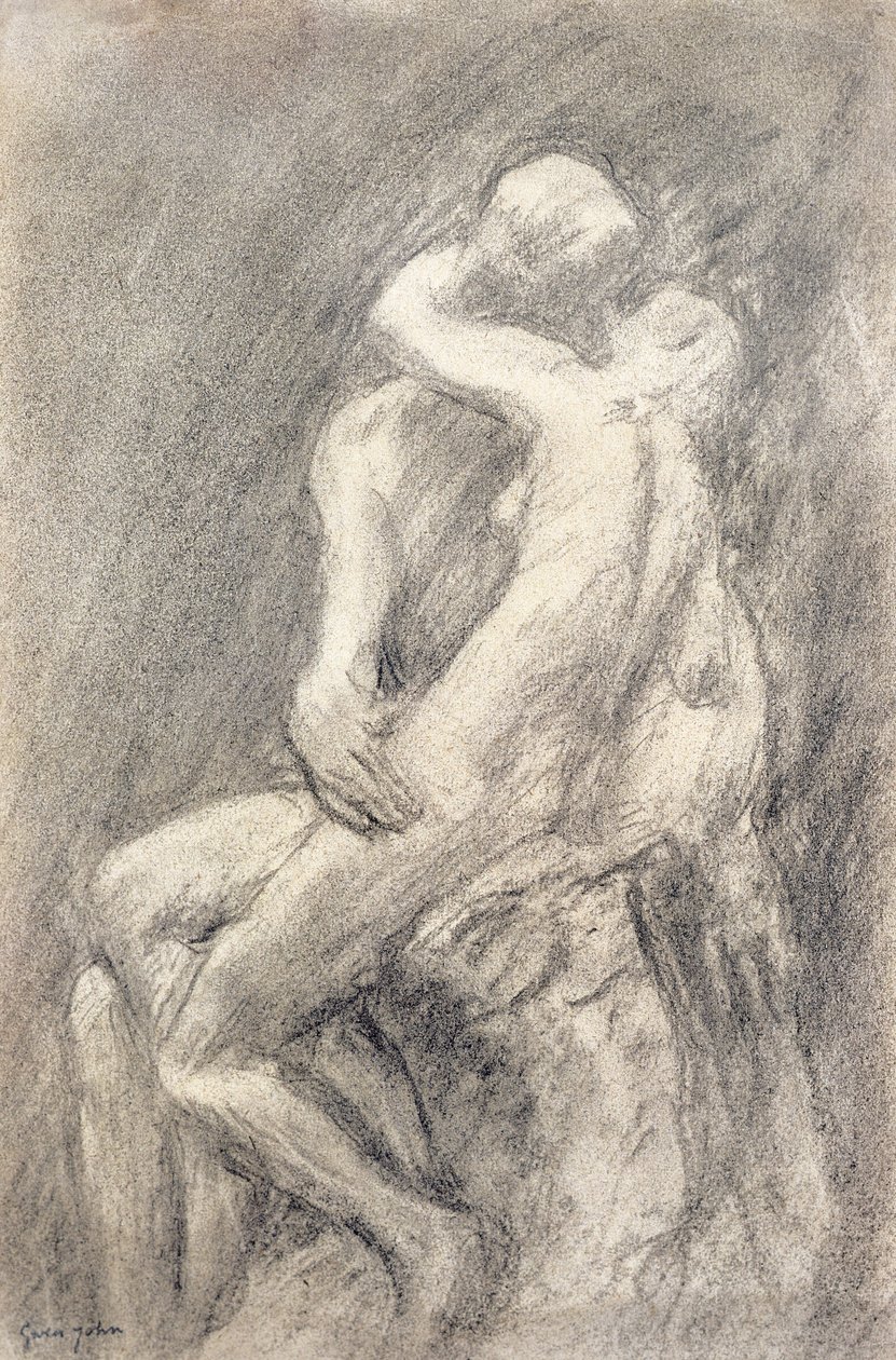Tutkimus Rodinin suudelmasta hänen studiossaan (hiili paperilla) tekijältä Gwen John