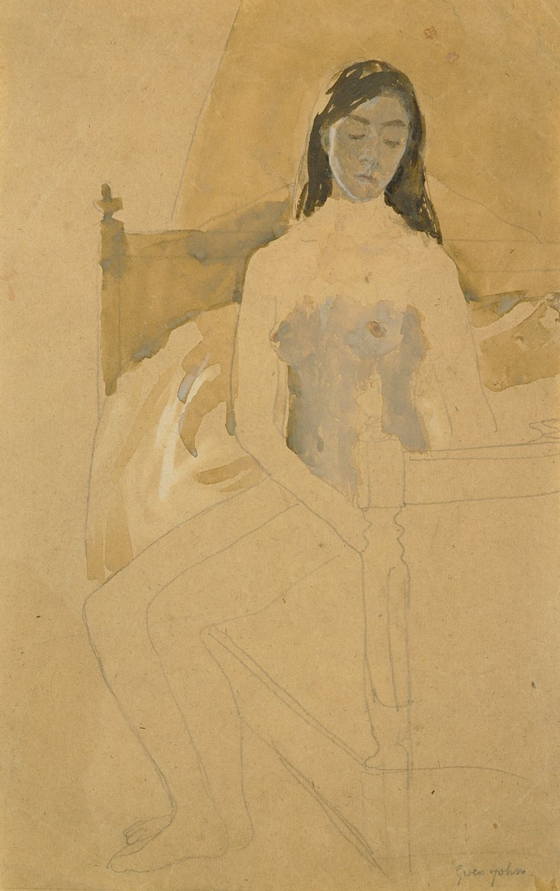 Omakuva, alasti, sängyllä istuen (lyijykynä ja wc paperille) tekijältä Gwen John