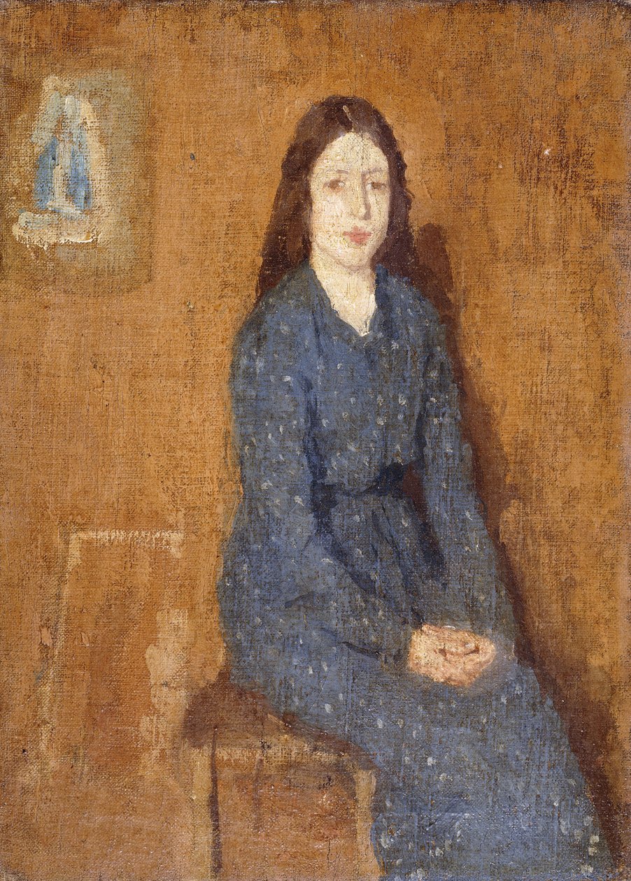 Istuva tyttö, jolla on täplikäs sininen mekko, 1914-15 tekijältä Gwen John