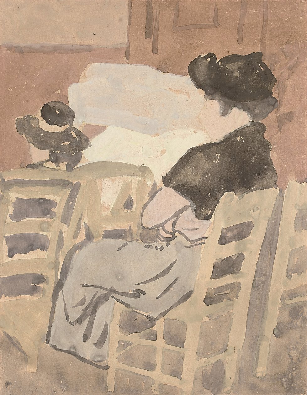 Nainen ja nuori tyttö kirkon sisätiloissa (akvarelli paperille) tekijältä Gwen John