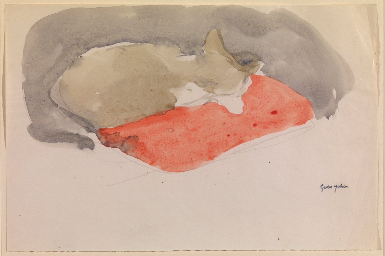 Kissa nukkuu punaisella tyynyllä (guassi ja kynä paperilla) tekijältä Gwen John