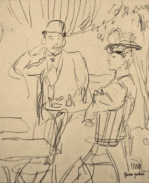 Pariskunta kahvilassa (lyijykynä paperille) tekijältä Gwen John