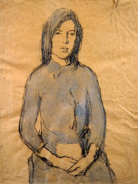 Tyttö, kädet sylissään (kynä ja akvarelli paperille) tekijältä Gwen John