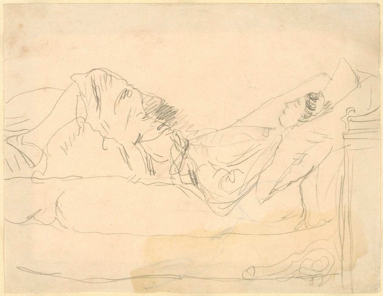 Tyttö makaa sängyllä (lyijykynä paperille) tekijältä Gwen John
