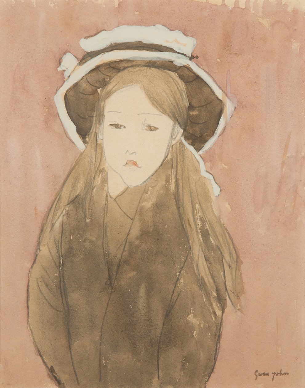 Pieni tyttö yllään iso hattu (akvarelli paperille) tekijältä Gwen John