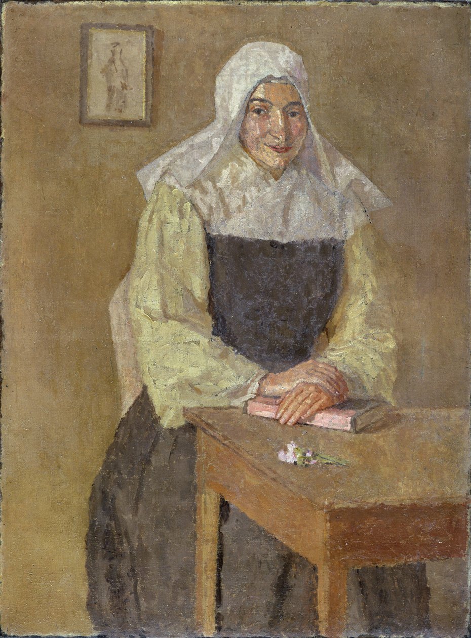 Mere Poussepin istuu pöydän ääressä (öljy kankaalle) tekijältä Gwen John