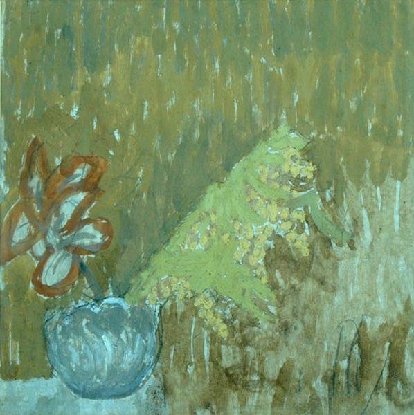 Mimosa ja muut kukat maljakossa, n. 1930 (lyijykynä ja öljy paperille) tekijältä Gwen John