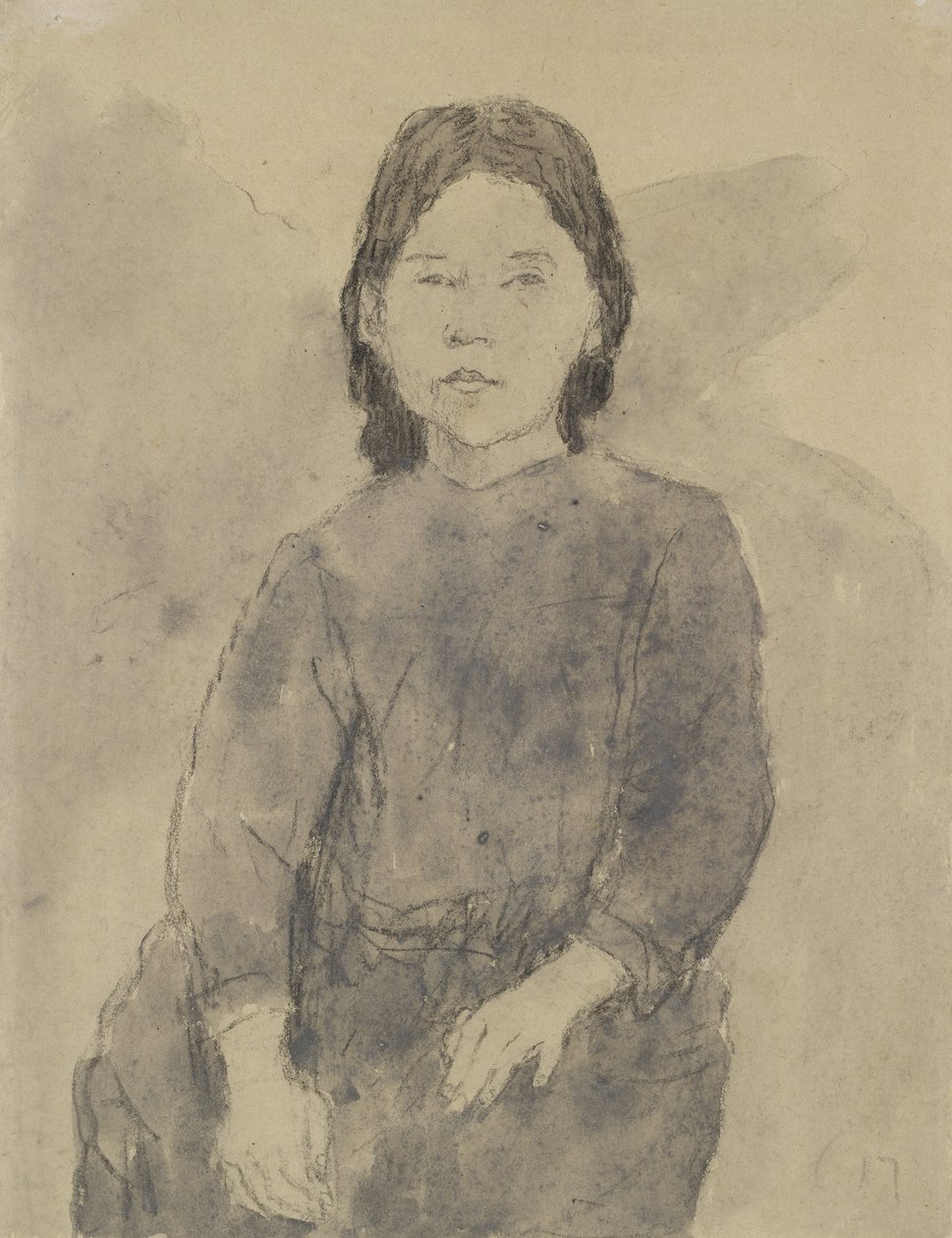 Istuva tyttö (Marie Hamonet?) (hiili, harmaa pesuväri ja vartaloväri harmaalle paperille) tekijältä Gwen John