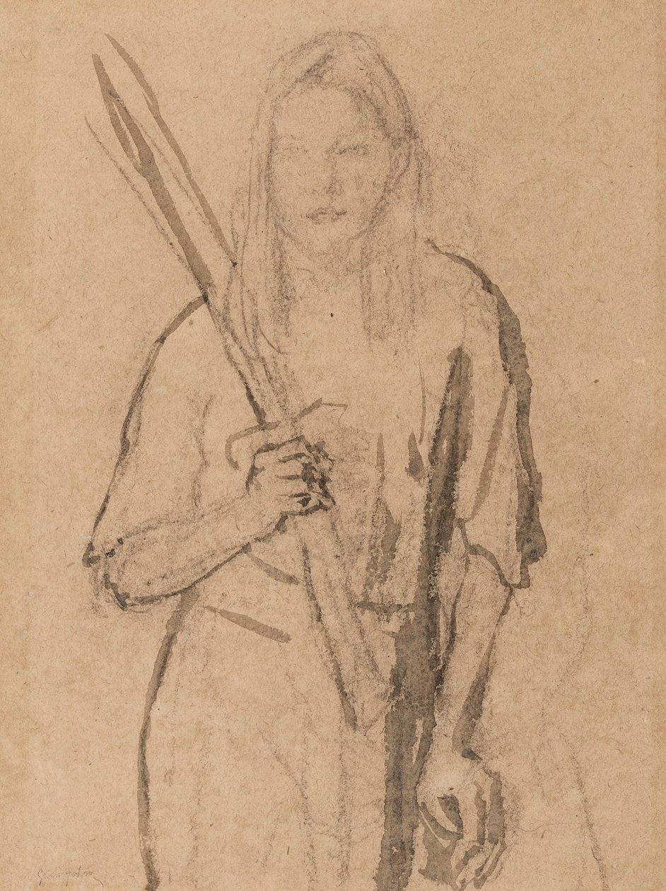 Pysyvä tyttö puutolppa kädessään (kynä ja pesu paperille) tekijältä Gwen John