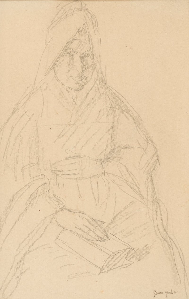 Tutkimus Mere Poussepinia varten pöydän ääressä istuen, n.1915. tekijältä Gwen John