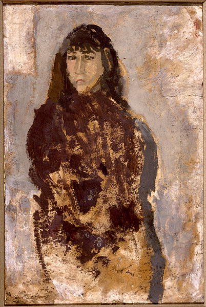 Tutkimus nuoresta naisesta Mulberry-mekossa (öljy paperille kiinnitetty kankaalle) Mu tekijältä Gwen John
