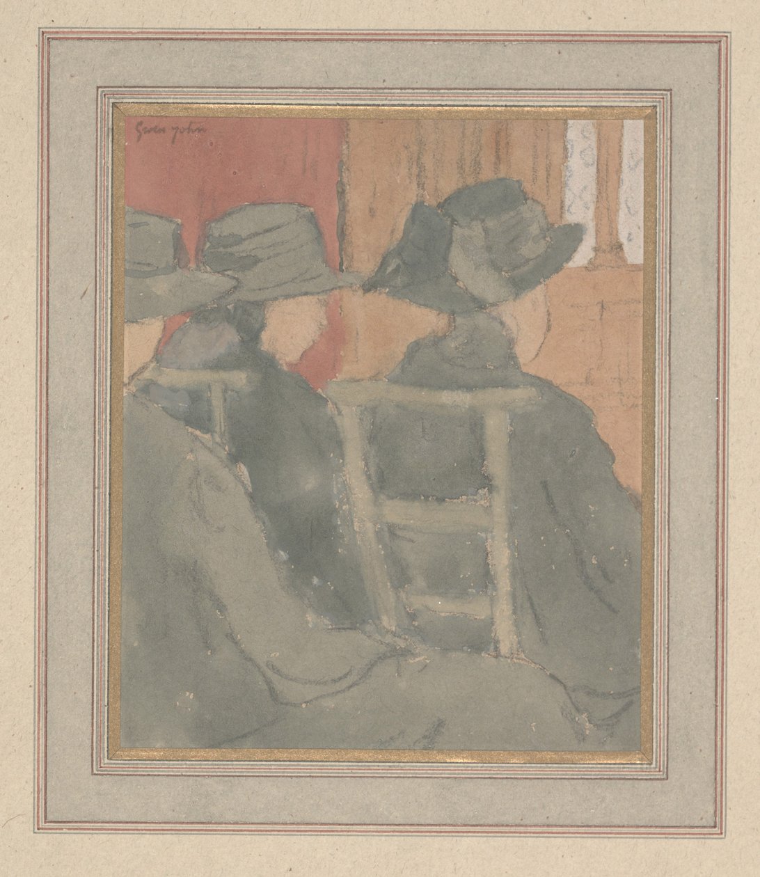 Nainen ja orpotyttö kirkossa (hiili ja akvarelli paperille) tekijältä Gwen John