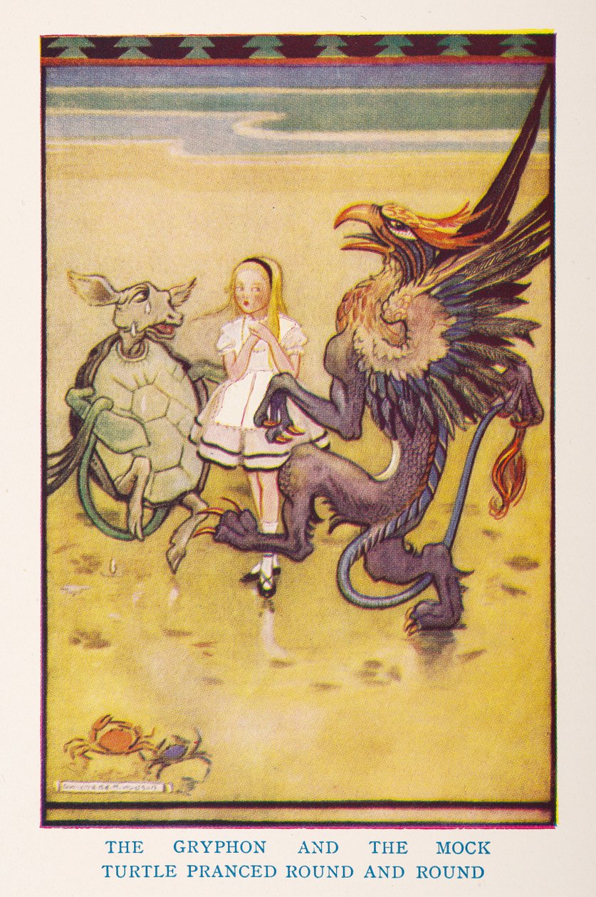 Gryphon ja pilkkakilpikonna hyppäsivät ympäri ja ympäri, lastentarhasta Alice in Wonderland / Kertonut lastentarhalle Irene Pearl; kuvat Gwynedd Hudson tekijältä Gwynedd M. Hudson