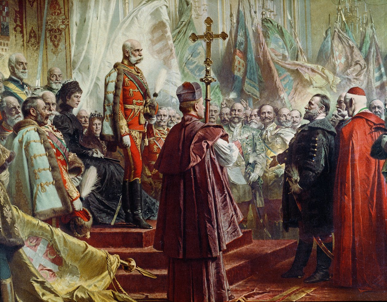 Keisari Franz Joseph I 1830-1916 ja keisarinna Elisabet 1837-98 Budapestissa, 8. heinäkuuta 1896 231008:n värillinen lito-yksityiskohta tekijältä Gyula Benczúr