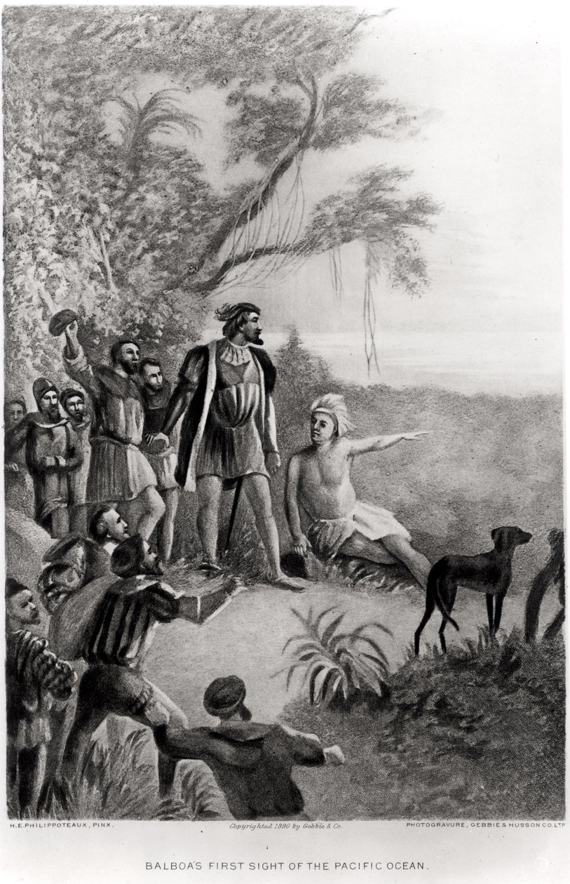 Balboan ensimmäinen näkymä Tyynelle valtamerelle 25. syyskuuta 1513, teoksesta "The American Continent and its Inhabitants before its Discovery by Columbus", 1890. tekijältä H. E. Philippoteaux