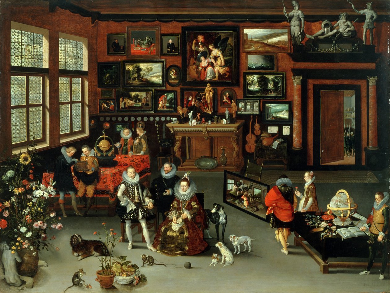 Arkkiherttua Albert (1559–1621) ja arkkiherttuatar Isabella (1566–1633) vierailevat keräilijän kabinetissa, n. 1621–23 tekijältä H. II and Brueghel, Jan I Francken