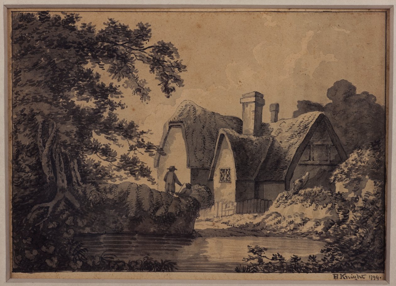 Kaksikko mökillä maisemassa, 1799 (lyijykynä, muste ja pesu paperille) tekijältä H. Knight