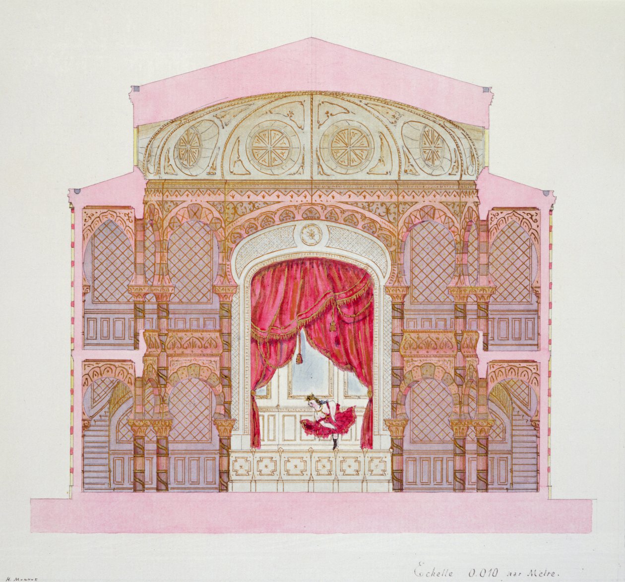 Poikkileikkaus Cafe-Concertista, levy XXVII mallifoliosta, n. 1870 tekijältä H. Monnot