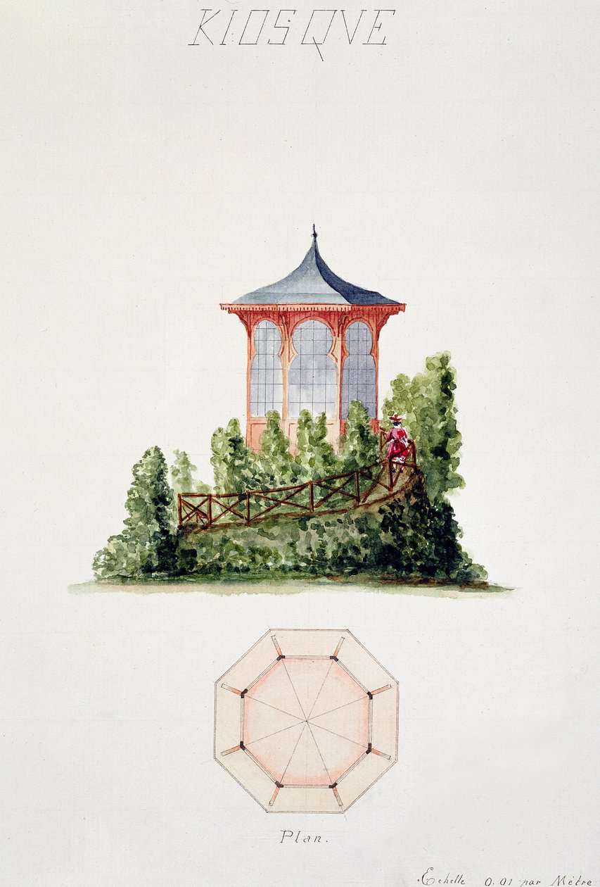 Yksinkertaistetun itämaisen paviljongin suunnitelma, klassisen ja varhaisen Belle-Epoque-tyylin alkuperäispiirustuksia sisältävästä foliosta, n. 1870 tekijältä H. Monnot