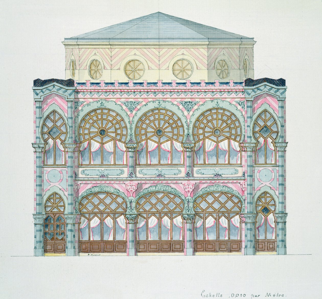 Kahvila-konsertin kohoaminen, suunnittelufoliosta, n. 1870 tekijältä H. Monnot