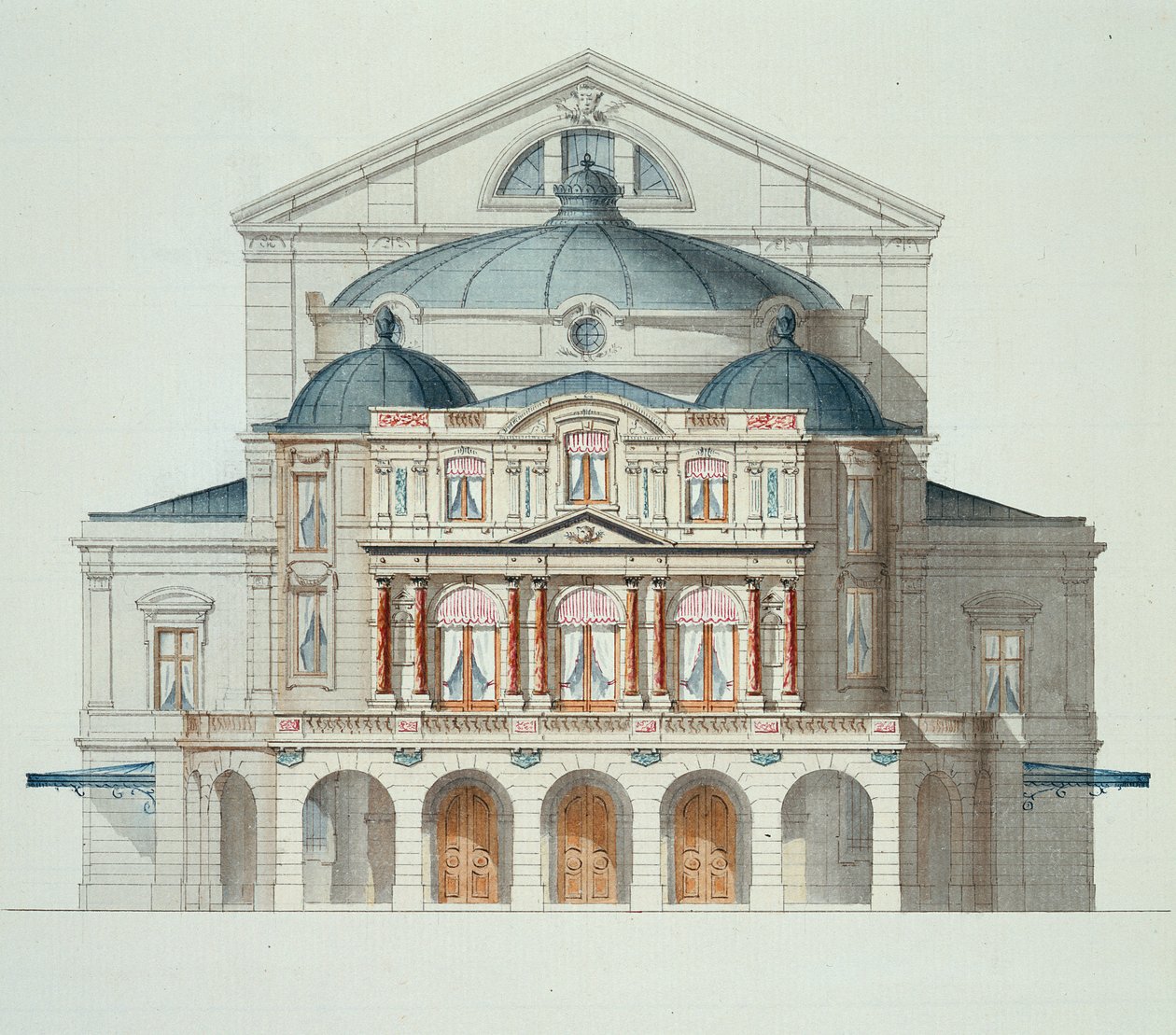 Teatterin kohoaminen, suunnittelufoliosta, n. 1870 tekijältä H. Monnot