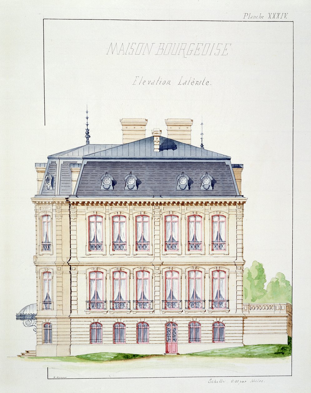 Porvarillisen talon sivukuva, levy XXXIV mallisivusta, noin 1870. tekijältä H. Monnot